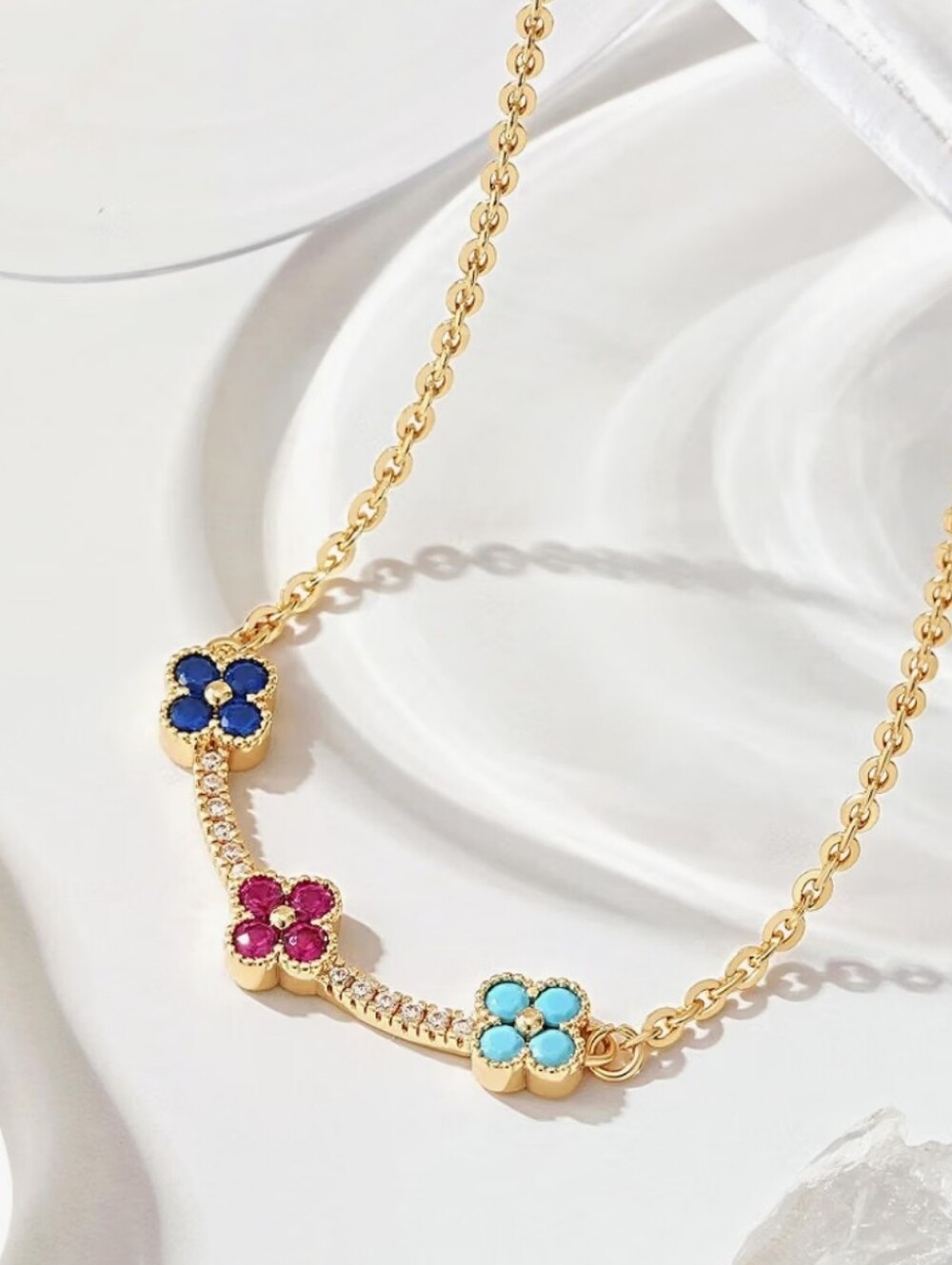 Gold Flower Trio Necklace with Blue, Pink and Turquoise Accents